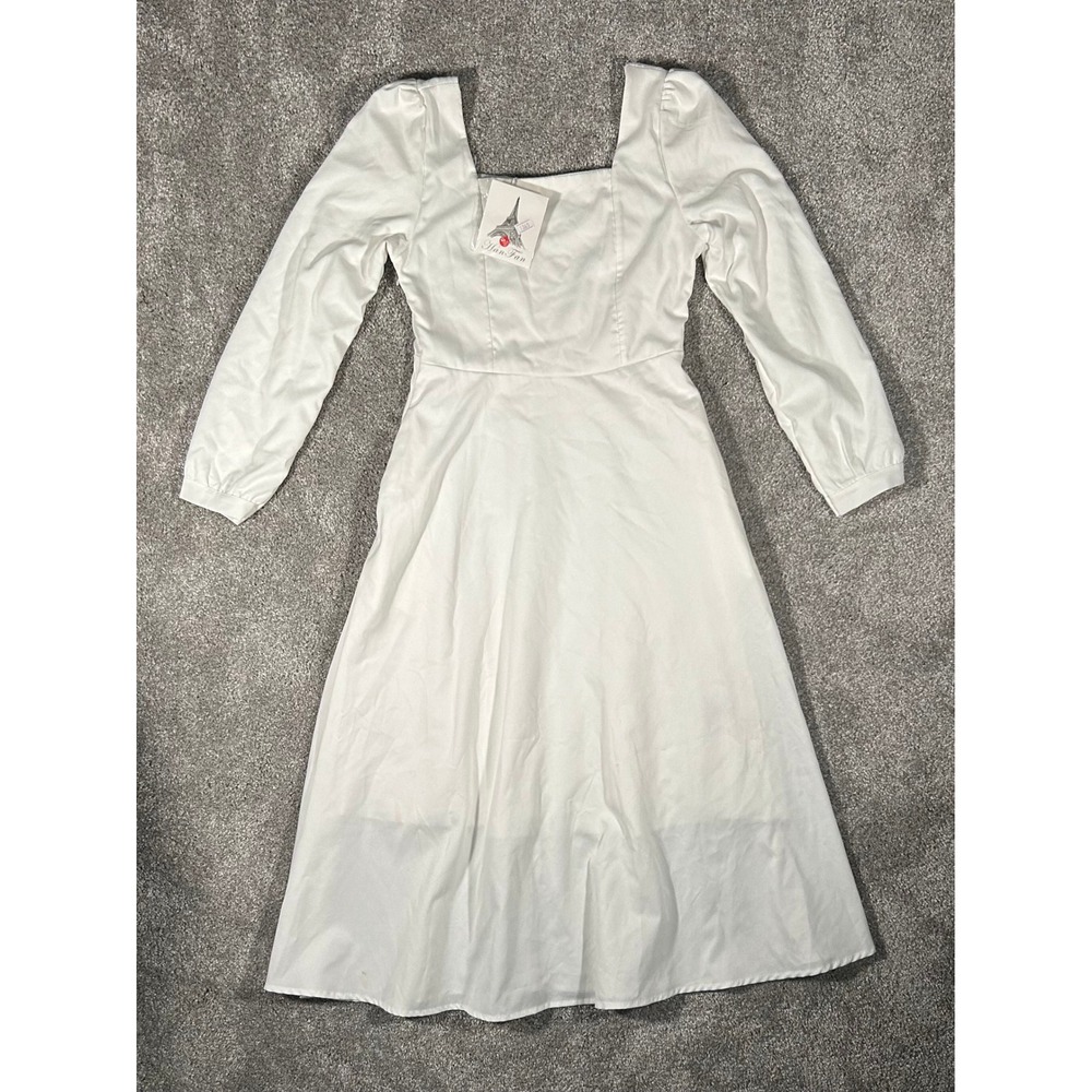 Han Fan White Square‎ Neck Puff Sleeve Midi Dress Size Small NWT